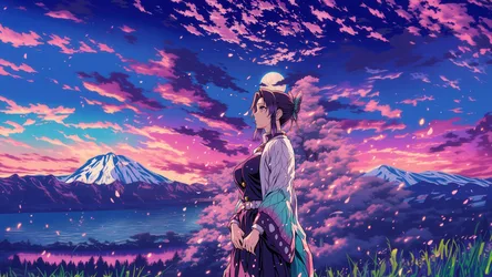 Shinobu's Twilight: Purple Dreams Over Mountains - free wallpaper 5120×2880