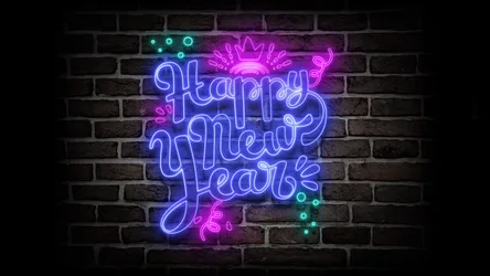 Happy New Year Neon Glow on Brick - free cyberpunk wallpaper 5120×2880