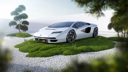 White Countach Dream in Serene Garden - free cars & vehicles wallpaper 5120×2880