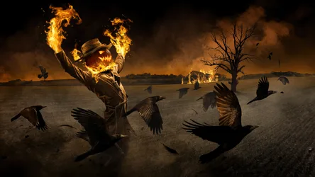 Burning Scarecrow's Halloween Night - free dark wallpaper 5120×2880