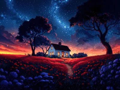 Starlit Cottage in the Crimson Wildflower Meadow - free wallpaper 5119×3856