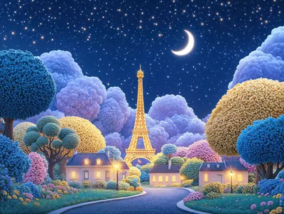 Dreamy Paris Night Under Crescent Moon - free wallpaper 5120×3857