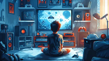Immersive Gaming Haven in Blue and Orange - free gaming wallpaper 5120×2880