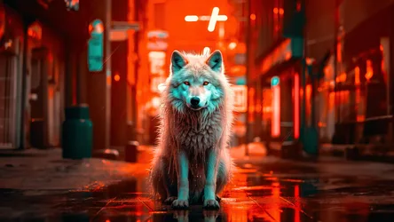 Neon Wolf in the Red City - free animals wallpaper 3840×2160