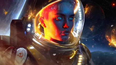 Neon Cyborg Astronaut in Cosmic Space - free sci-fi wallpaper 5120×2880
