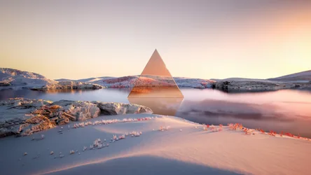 Geometric Pyramid at Frozen Lake Dawn - free wallpaper 5120×2880