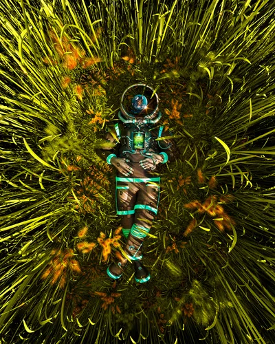 Cyborg Astronaut in the Emerald Field - free sci-fi wallpaper 4000×5000