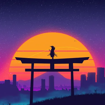 Samurai's Sunset: Vaporwave Dreams at the Torii Gate - free wallpaper 5120×5120