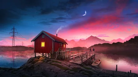 Crescent Moon Romance By The Cabin Shore - free nature wallpaper 3840×2160