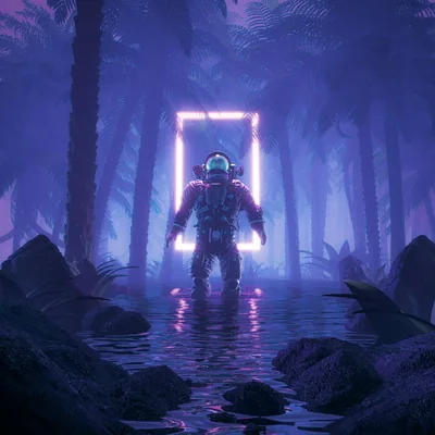 Neon Void Explorer in Psychedelic Forest - free sci-fi wallpaper 4961×4961