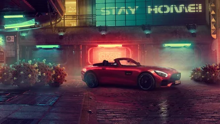 Neon Dreams: Mercedes-AMG GT Roadster in Cyberpunk City - free cars & vehicles wallpaper 7680×4320