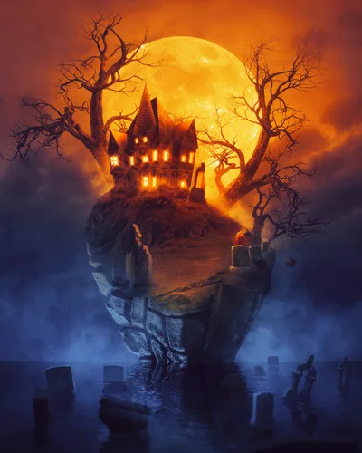 Haunted Castle on Death Island Halloween Night - free space wallpaper 3000×3750