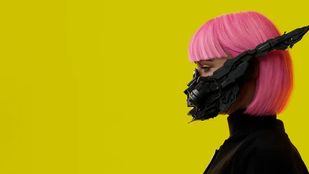 Neon Dreams: Cyberpunk Warrior in Pink - free sci-fi wallpaper 5120×2880