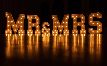 Mr & Mrs Wedding Marquee Lights in Gold - free dark wallpaper 6604×4062