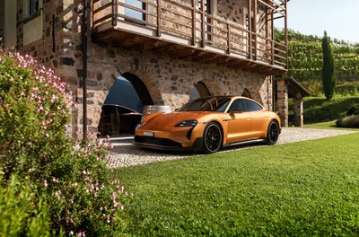 Orange Porsche Taycan Turbo GT at Historic Stone Estate - free cars & vehicles wallpaper 5120×3376