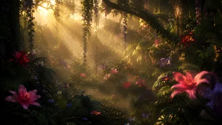 Jardim encantado na floresta, com flores desabrochando e luz dourada do sol. - free anime wallpaper 2288×1288