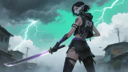 Muse with a Katana in the Rain - free anime wallpaper 3862×2172