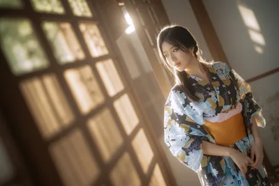 Indoors: Brown-Haired Beauty in a Kimono - free people & portraits wallpaper 6144×4096