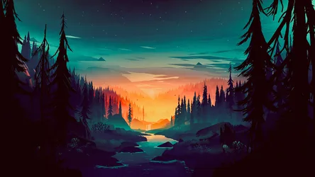 Twilight Forest Valley Under Starlit Skies - free space wallpaper 7680×4320