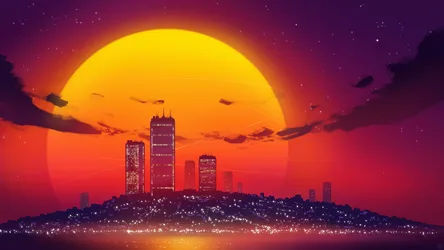 Neon Sunset Over the Digital City - free space wallpaper 7680×4320