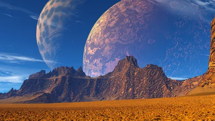 Alien Desert Moon Rising Over Golden Dunes - free space wallpaper 7680×4320