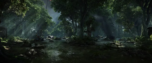 Misty Forest Stream with Ancient Trees - free city & urban wallpaper 8000×3333