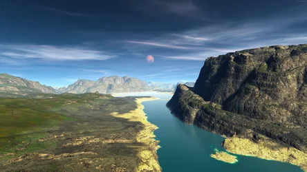 Moonlit Mountain Lake Valley - free space wallpaper 7680×4320