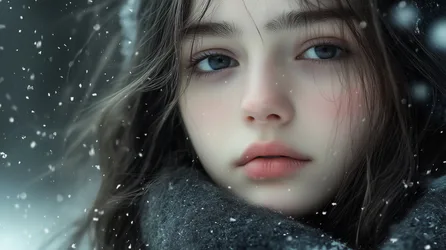 Black-Haired Woman in the Snow - free wallpaper 6143×3443
