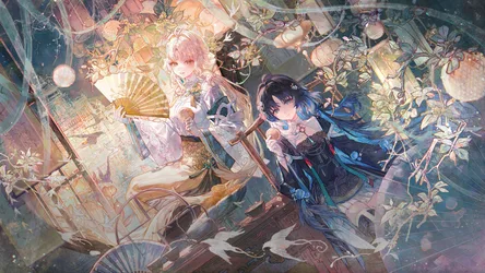 Blue-Haired Two Women in a Dress - free anime wallpaper 8000×4500