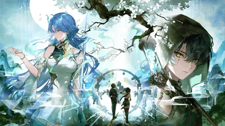 Blue-Haired Two Women in a Dress - free anime wallpaper 10240×5760