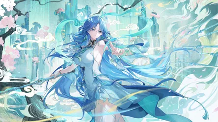 Blue-Haired Girl in a Dress - free wallpaper 10240×5760