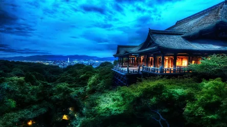 Twilight Temple Over Forest Valley - free space wallpaper 3840×2160