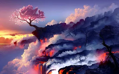 Cherry Blossom Dawn Over Volcanic Waters - free architecture wallpaper 1920×1200
