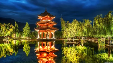 Illuminated Pagoda Under Twilight Skies - free space wallpaper 3456×1944
