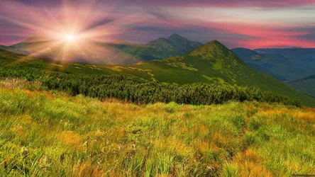 Golden Sunrise Over Alpine Mountain Meadows - free gaming wallpaper 3072×1728