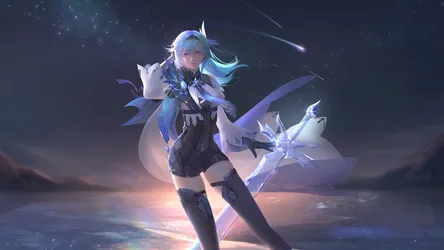 Blue-Haired Muse in a Shorts and Thighhighs - free anime wallpaper 9788×5506