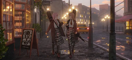 City: Pink-Haired Two Women in a Jacket - free anime wallpaper 11440×5196