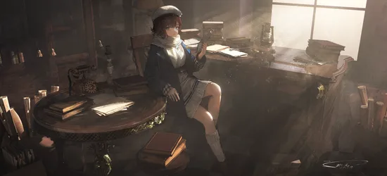 Brown-Haired Lady by a Window - free anime wallpaper 5034×2288