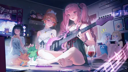 Seated Pink-Haired Group of Women - free anime wallpaper 3824×2150