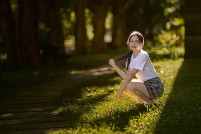 Grass: Brown-Haired Woman in a School Uniform - free people & portraits wallpaper 5120×3413