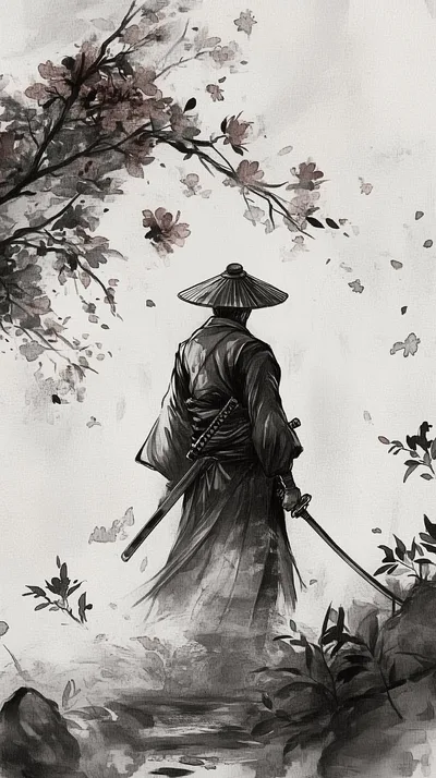 Warrior in Falling Blossoms - free wallpaper 1632×2912