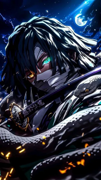 Moonlit Demon Slayer with White Snake - free fantasy wallpaper 736×1308