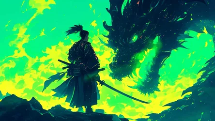 Samurai's Glowing Blade Against the Dragon - free cyberpunk wallpaper 3840×2160