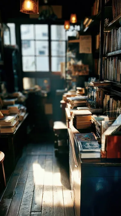 Cozy Bookshop Corner with Warm Sunlight - free architecture wallpaper 800×1427