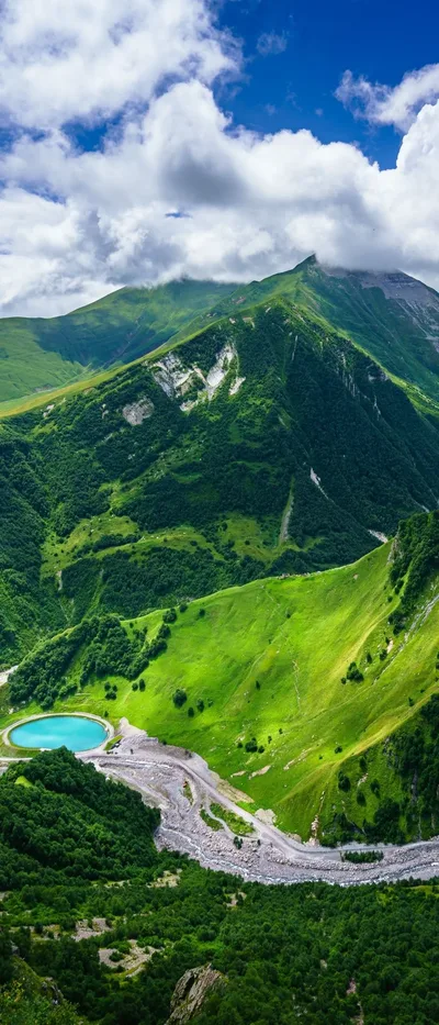 Alpine Valley with Turquoise Lake and Mountain Peak - free landscapes wallpaper 1080×2520