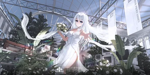 White-Haired Girl in a Dress Indoors - free wallpaper 6000×3000