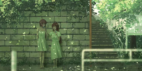 Sunlit Stairs: Brown-Haired Two Women - free wallpaper 6000×3000