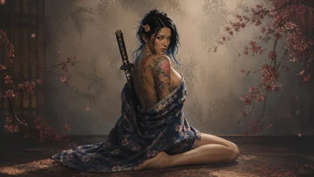 Armed Girl in a Kimono - free art & design wallpaper 7680×4322