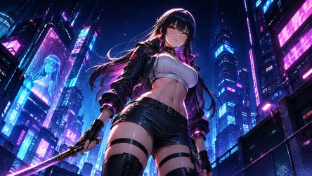 Night: Black-Haired Muse in a Crop Top - free wallpaper 7680×4322