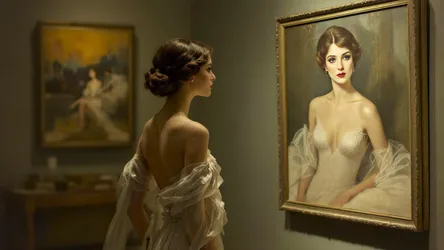 Mirror: Brown-Haired Girl in a Dress - free art & design wallpaper 4096×2304
